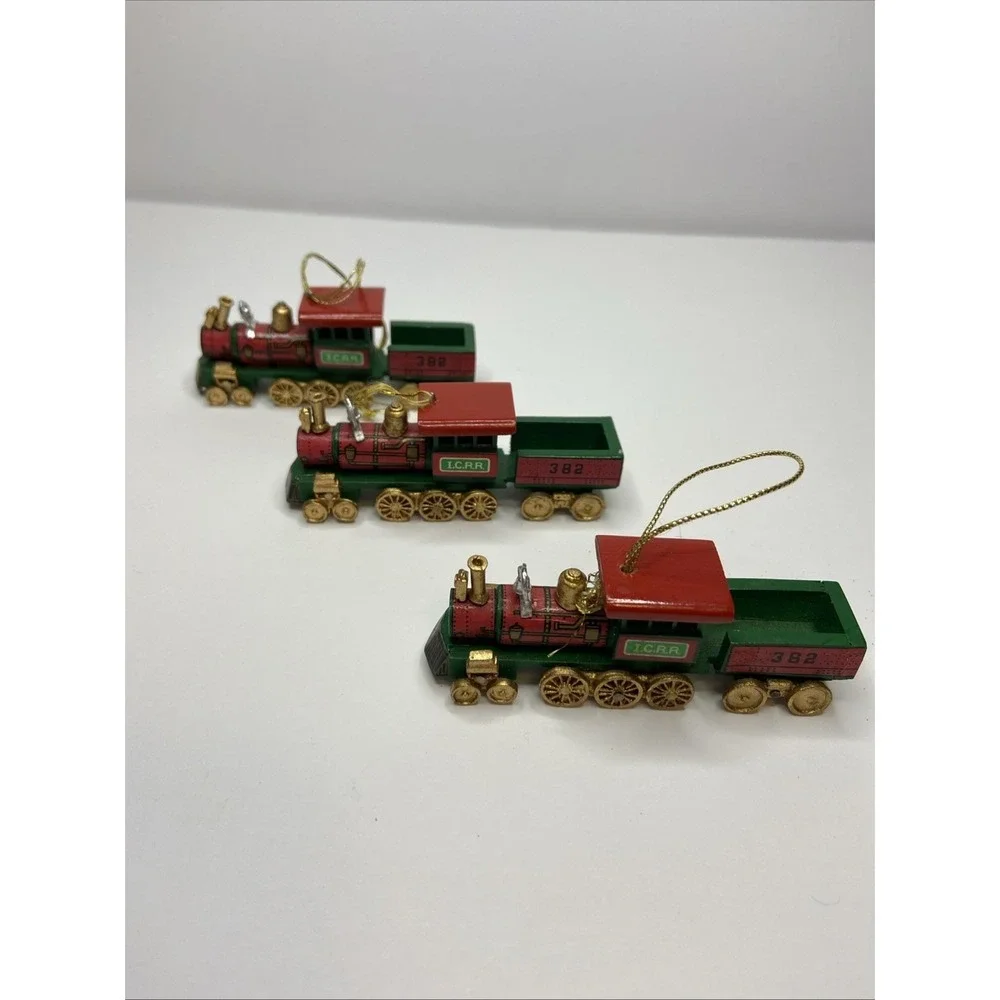 Vintage Wooden Train Christmas Ornaments Set of 3‎ ICRR 382 Steam Engine